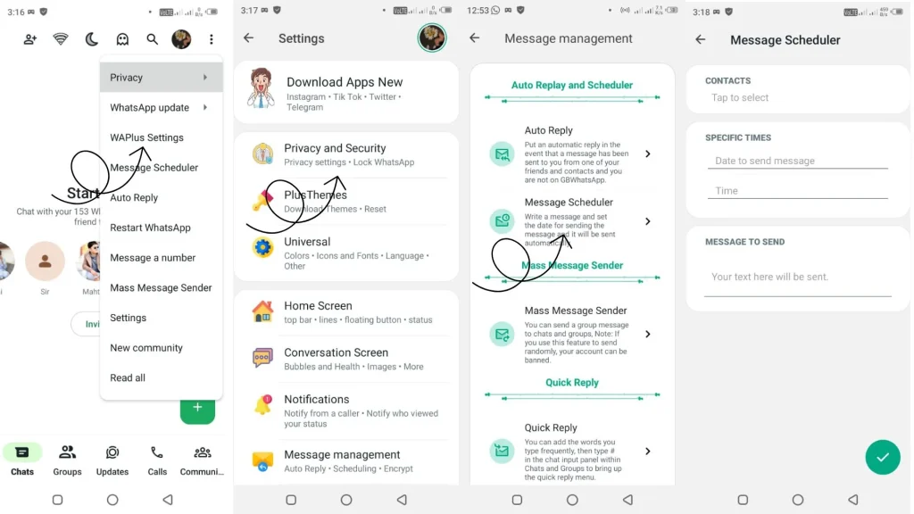 how to use message scheduler feature in whatsapp plus